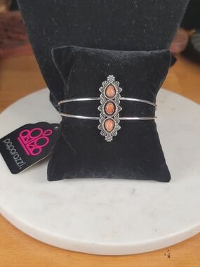 paparazzi Silver-Tone Double Cuff Bracelet with Orange Cabochons